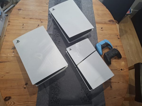 Photos of recent repairs at Elevation IT Fareham, including HDMI port replacements on 3x PS5 consoles (Standard and Slim), disc drive connector repair, full internal clean, thermal putty and liquid metal service, plus Hall Effect joystick upgrades on two DualSense controllers. Professional console and controller repairs serving Hampshire and UK-wide with mail-in options available.
