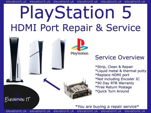 PS5 HDMI Port Repair & Service Near Me — Replace, Clean, Thermal Paste — Models Covered: Standard, Digital, Slim — Elevation IT, Fareham, UK