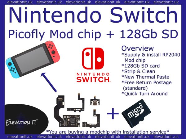 Nintendo Switch Picofly RP2040 modchip installation service +128Gb SD – Strip, Install & Clean