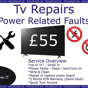 small TV up to 31" power fault repair, no power, dead, standby light on or off, won't turn on. Elevation IT Fareham, tv repair near me