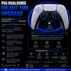 PS5 DualSense Gulikit TMR Upgrade showing a PlayStation 5 DualSense controller upgraded with Gulikit TMR analogue stick modules for improved accuracy, drift resistance and professional recalibration.