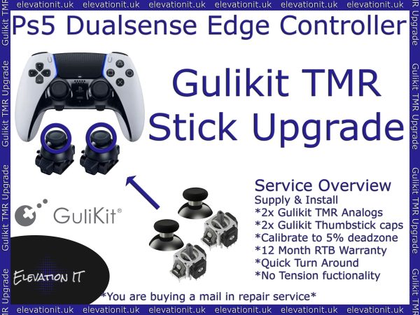 Technician performing a Gulikit TMR joystick upgrade on a PS5 dualsense edge controller, showcasing the professional Gulikit TMR upgrade service offered by Elevation I.T.