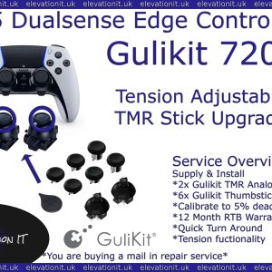 Gulikit 720 degree adjustable tension TMR joystick upgrade service for PS5 DualSense Edge controller providing drift free precision, smoother analog control, and customisable resistance.