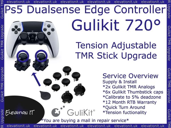 Gulikit 720 degree adjustable tension TMR joystick upgrade service for PS5 DualSense Edge controller providing drift free precision, smoother analog control, and customisable resistance.