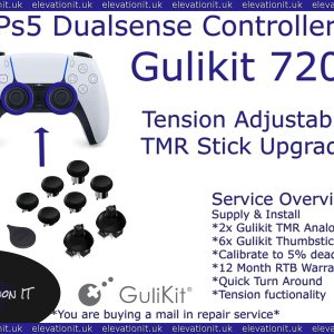 Gulikit 720 degree adjustable tension TMR joystick upgrade service for PS5 DualSense controller providing drift free precision, smoother control, and customisable resistance.