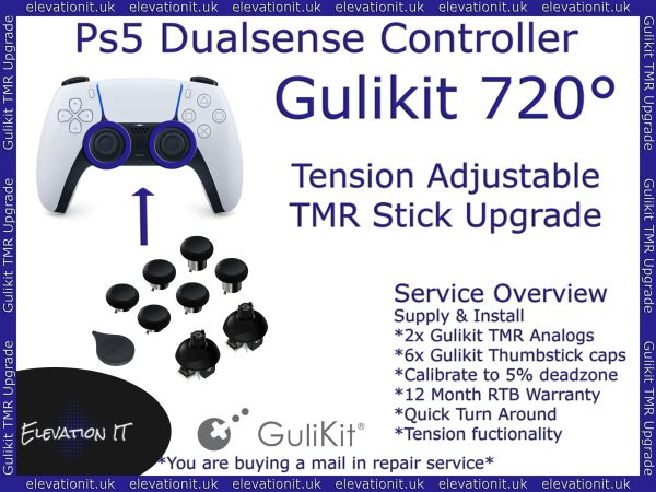 Gulikit 720 degree adjustable tension TMR joystick upgrade service for PS5 DualSense controller providing drift free precision, smoother control, and customisable resistance.