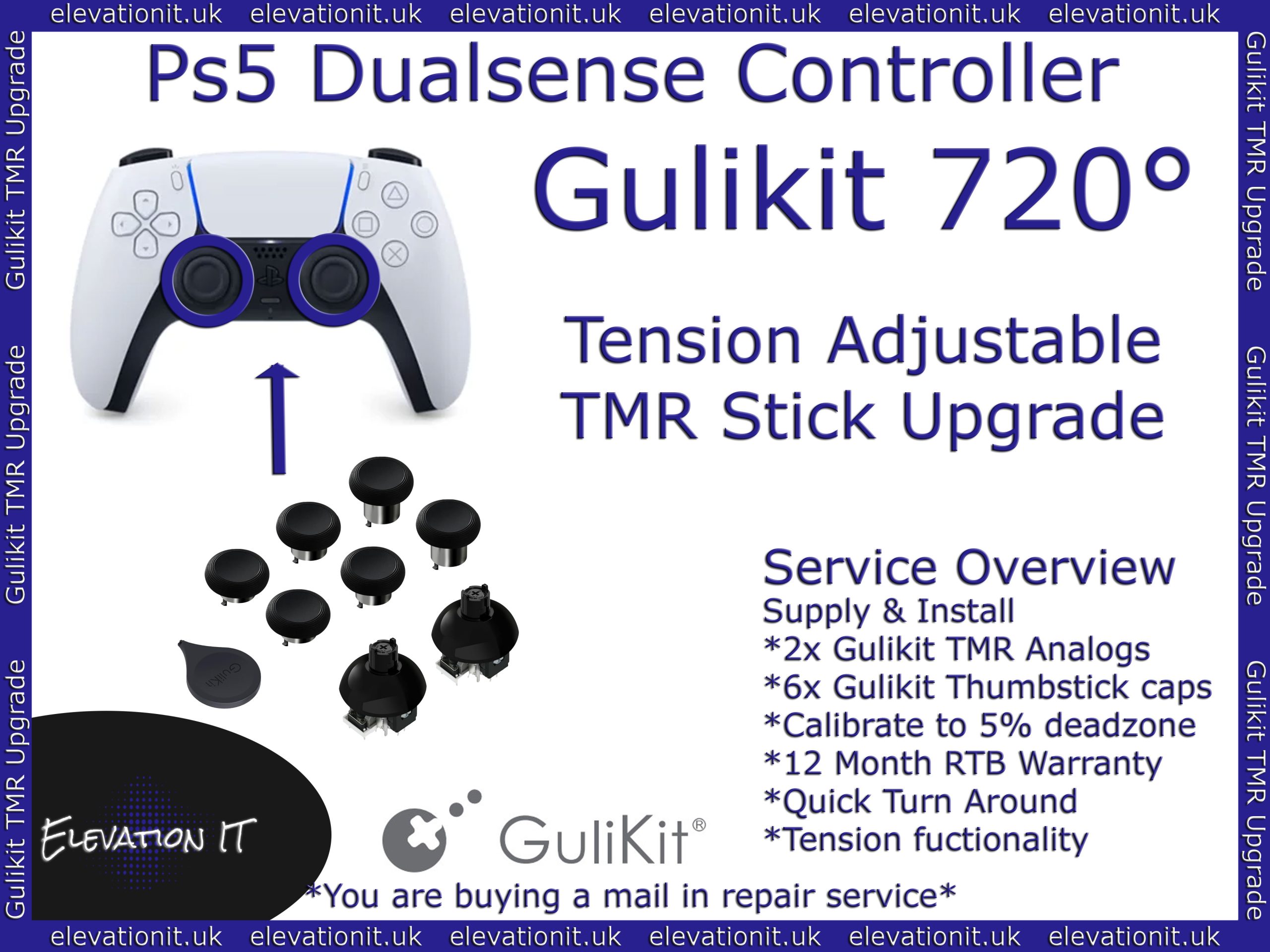 Gulikit 720 degree adjustable tension TMR joystick upgrade service for PS5 DualSense controller providing drift free precision, smoother control, and customisable resistance.