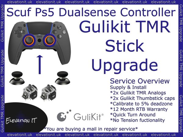 Scuf PS5 controller Gulikit Tunnel Micro Resistance TMR joystick upgrade service providing professional drift free repair with enhanced precision and smoother control.