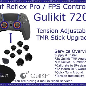Gulikit 720 degree adjustable tension TMR joystick upgrade service for Scuf PS5 controllers providing drift free precision, smoother analog control, and customisable resistance.