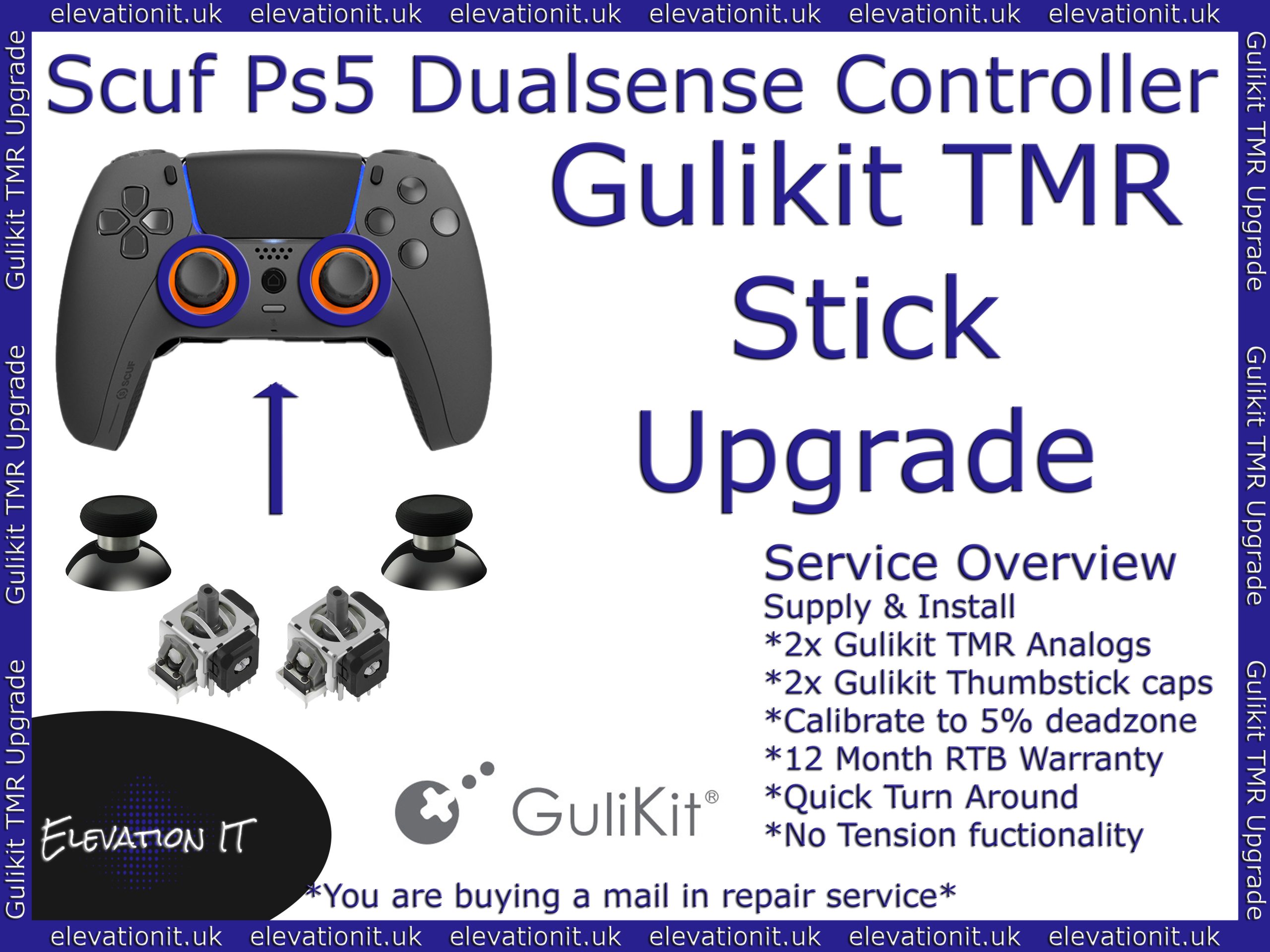 Scuf PS5 controller Gulikit Tunnel Micro Resistance TMR joystick upgrade service providing professional drift free repair with enhanced precision and smoother control.