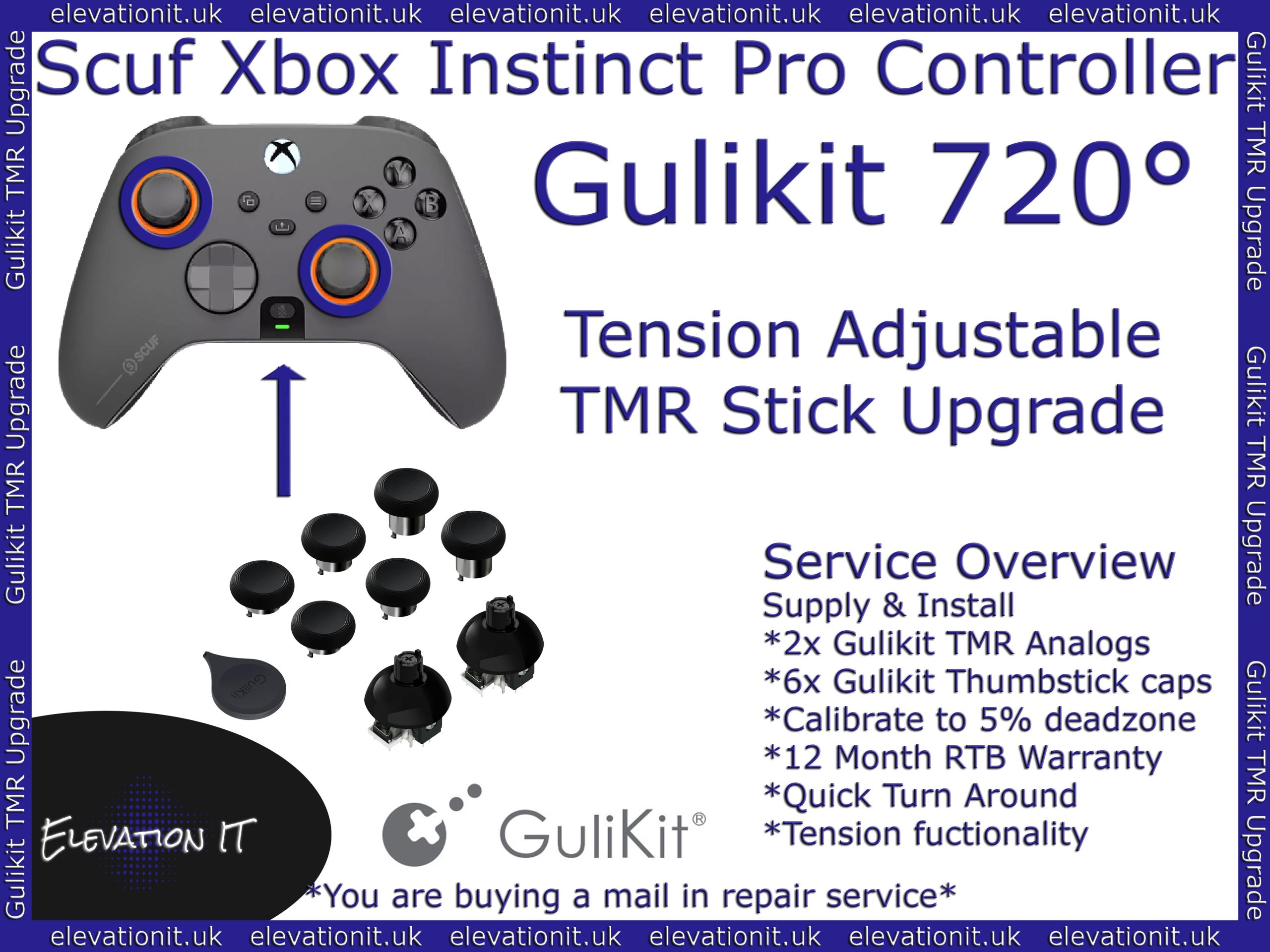 Gulikit 720 degree adjustable tension TMR joystick upgrade service for Scuf Xbox controllers providing drift free precision, customisable resistance, and smoother control.