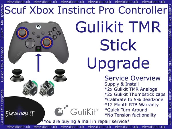 Scuf Xbox Series controller Gulikit Tunnel Micro Resistance TMR joystick upgrade service providing drift free precision, smoother control, and enhanced durability.