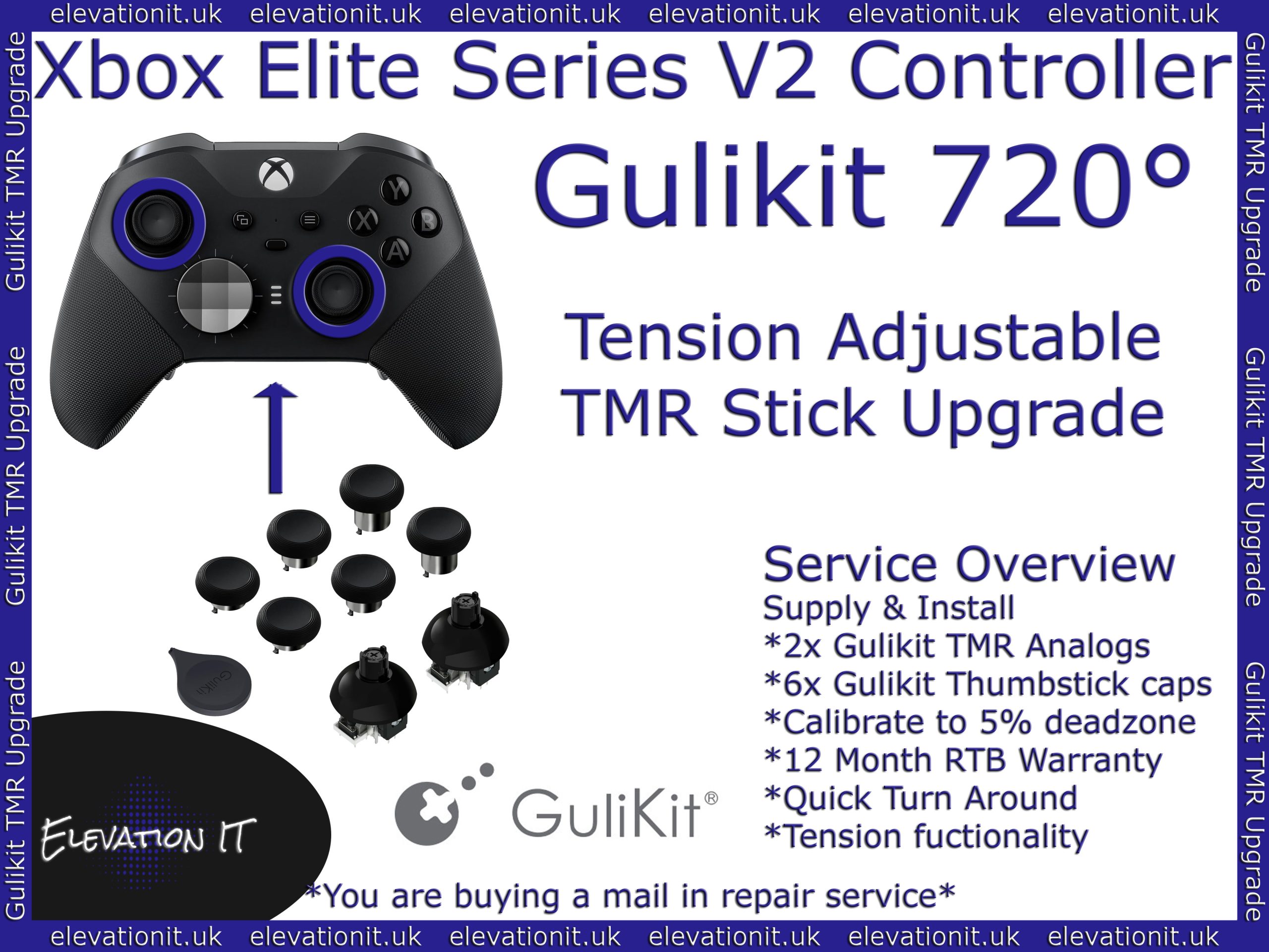 Gulikit 720 degree adjustable tension TMR joystick upgrade service for Xbox Elite Series V2 controller providing drift free precision and customisable resistance.