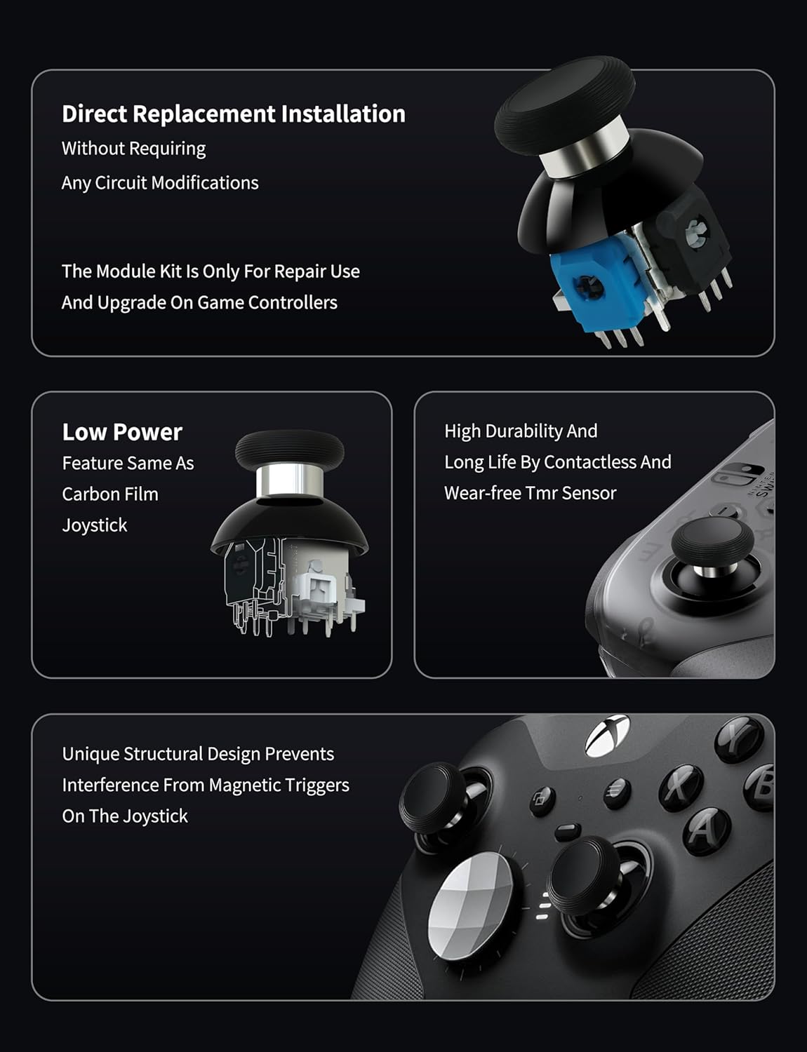 Gulikit Tunnel Micro Resistance TMR joystick upgrade compatible with Xbox Series S X Xbox Elite V2 PS5 DualSense DualSense Edge and Scuf Reflex Pro FPS controllers offering drift free precision and smooth control.