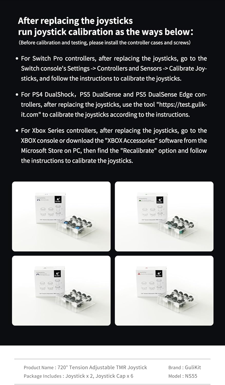 Gulikit Tunnel Micro Resistance TMR joystick upgrade compatible with Xbox Series S X Xbox Elite V2 PS5 DualSense DualSense Edge and Scuf Reflex Pro FPS controllers offering drift free precision and smooth control.