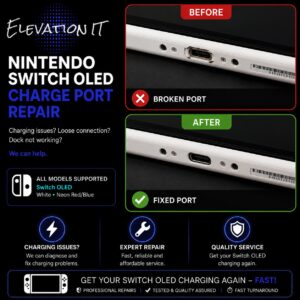 Nintendo Switch OLED charge port repair service showing a damaged USB-C charging port before repair and a fully restored charging port after repair.