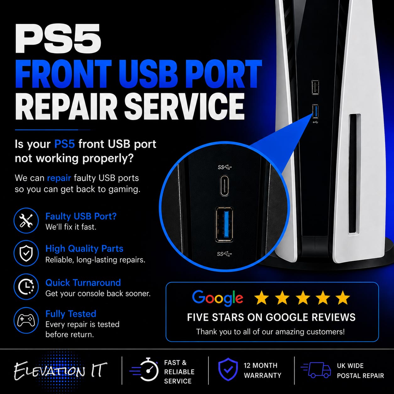 PS5 Front USB Port Repair Service showing professional repair of faulty or damaged front USB ports on a PlayStation 5 console by Elevation IT Fareham.