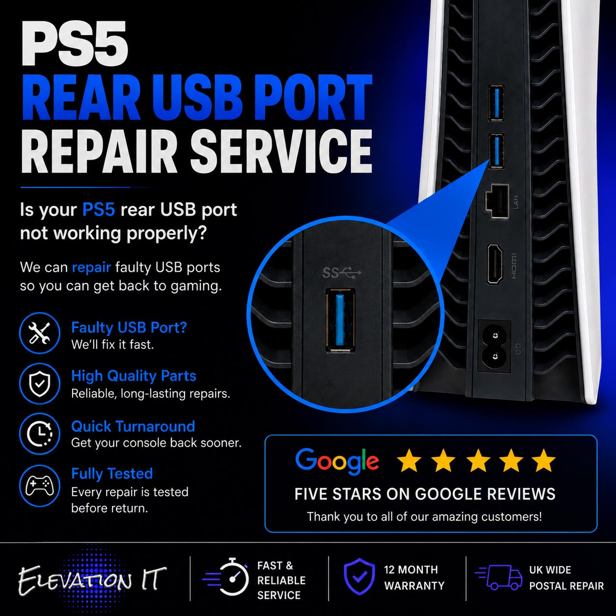 PS5 Rear USB Port Repair Service by Elevation IT Fareham showing repair of faulty or damaged rear USB ports on a PlayStation 5 console to restore connectivity and functionality.
