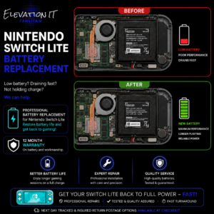 Nintendo Switch Lite battery replacement service showing a worn battery before replacement and restored battery performance after professional battery installation.
