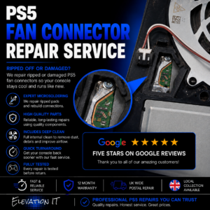 PS5 fan connector repair service including microsoldering repair, deep clean and liquid metal service by Elevation I.T.