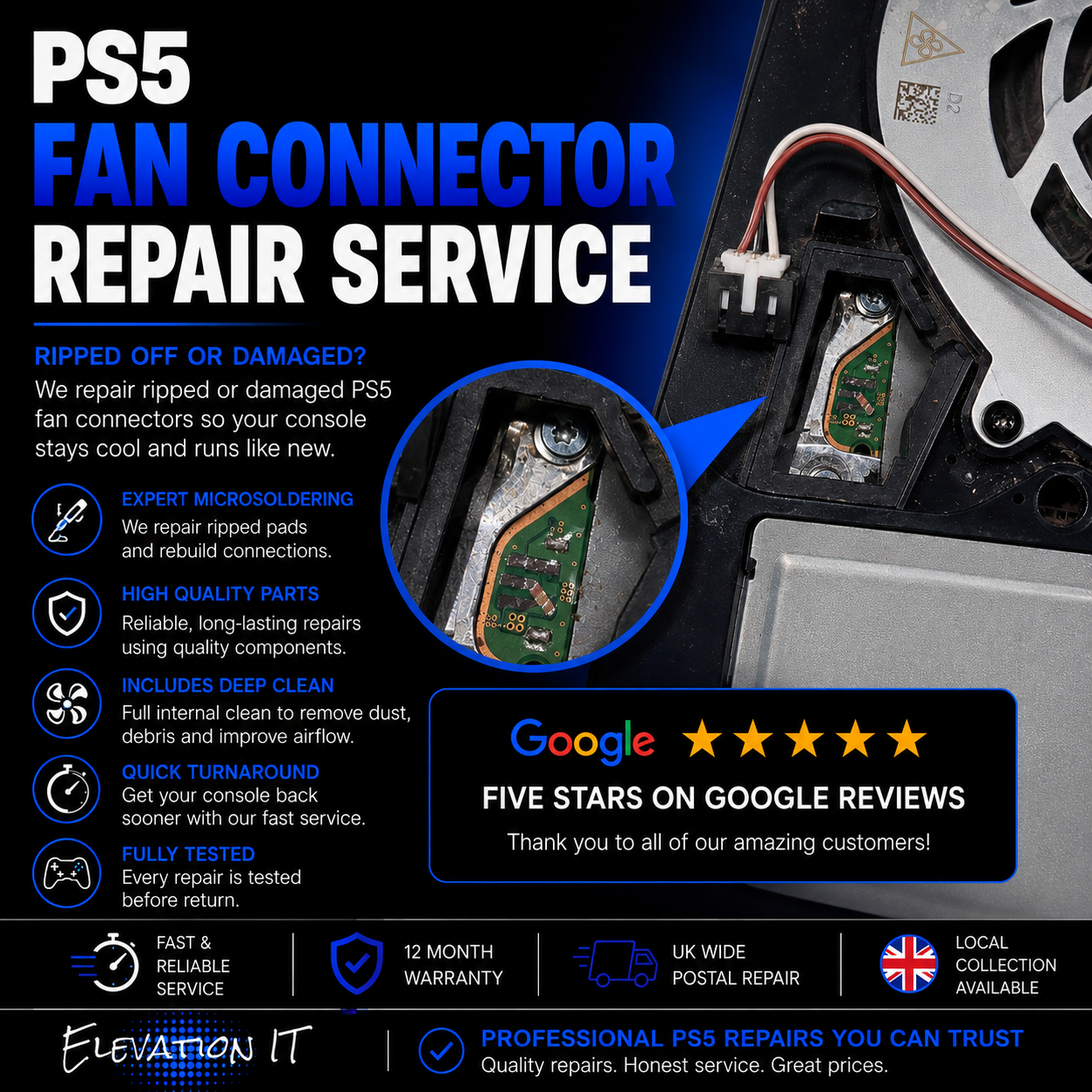 PS5 fan connector repair service including microsoldering repair, deep clean and liquid metal service by Elevation I.T.